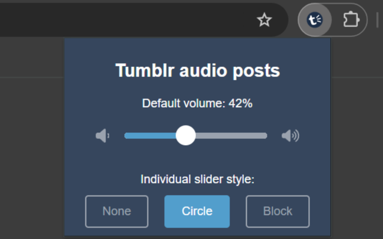 Screenshot of the volumr extension popup live on google chrome browser.